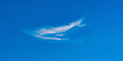 Naklejka na ściany i meble Blue sky with a feathery white cloud close-up in summer