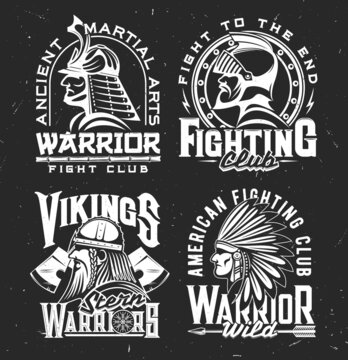 Tshirt print with ancient warriors, vector mascot for fight club apparel design. Viking, indian chef samurai and medieval knight isolated monochrome labels with typography, t shirt prints, emblems set