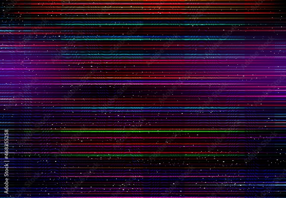 Poster Glitch effect color distortion monitor, screen lines and pixel noise. Broken screen, computer display failure or problem or TV analog signal loss vector background with RGB pixels lines distortion