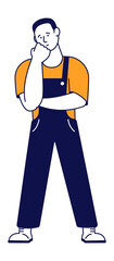 Standing man in overalls thinking. Solving problem concept