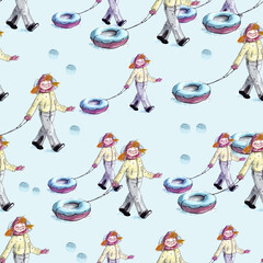 watercolor illustration seamless pattern happy girl with red hair in winter clothes with tubing,for roller coaster riding