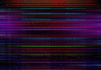 Glitch effect color distortion monitor, screen lines and pixel noise. Broken screen, computer display failure or problem or TV analog signal loss vector background with RGB pixels lines distortion