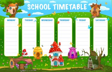 Education timetable schedule with cartoon fairy houses, vector timetable or weekly planner. Kids school or kindergarten lessons schedule with dwarf or elf homes in mushroom, beehive and acorn