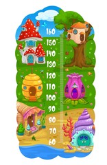Kids height chart with cartoon houses, vector growth measure meter. Baby height meter or child tall scale ruler with homes of dwarf or gnome elf in mushroom, seashell and acorn or tree stump