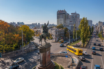 Aerial view of Nikolay Shchors Monument In Kiev Ukraine.