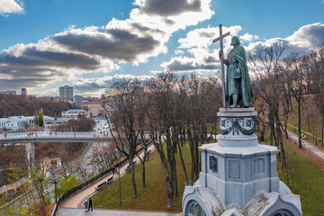 Sunny day view on Saint Vladimir Monument with beautiful autumn clouds, Kiev, Ukraine.