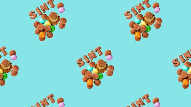 Festive collage with chocolate letter SINT, kruidnoten cookies and traditional hollands sweets. Dutch holiday Sinterklaas background. FullHD video