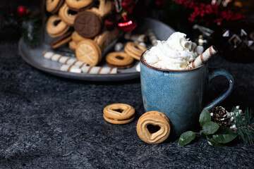 Fototapeta na wymiar Rustic ceramic mug with a hot chocolate cocoa drink with whipped cream. Christmas homemade gingerbread cookies