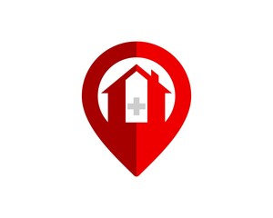 Red pin location with hospital house inside