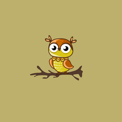 Cute brown owl with round eyes for kids. Vector illustration.