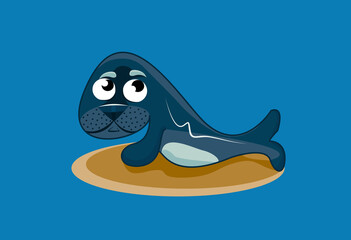 An embarrassed blue seal looks up and lies on a stone. Vector illustration.