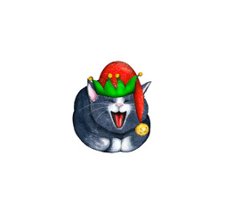 An elf cat in a beanie isolated on a white background. A black kitten yawning in a cartoon costume. Watercolor digital illustration of a cute animal