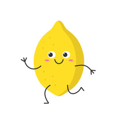 Lemon running cute funny character cartoon emotions joy happy smile face icon bright juicy fruit vector illustration.