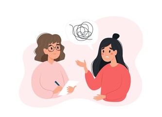 Mental health concept - woman talking to psychologist about her problems. Vector illustration in flat style