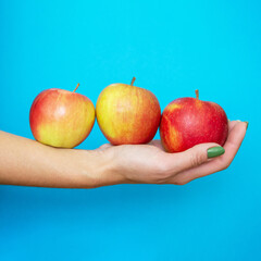 an apple in palm of woman's hand. girl holds red apples on her hand on blue background. three ripe apples on his hand. green manicure. square image