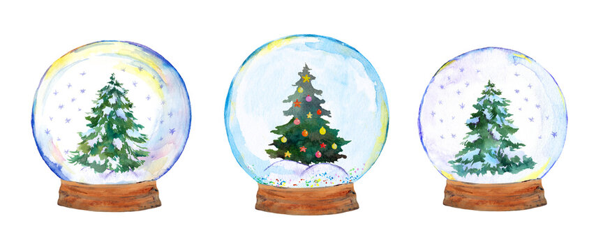 Set of snow globe - Christmas tree decorated by holiday baubles. Watercolor pine, spruce in transparent ball with snow, globe with xmas decor bundle