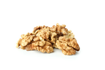 Peeled walnuts isolated on white background, close up