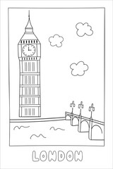 Bigben tower doodle vector illustration, london view. Great for postcard, souvenirs - obrazy, fototapety, plakaty