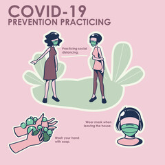 Coronavirus prevention infographics and essential items in flat illustrations