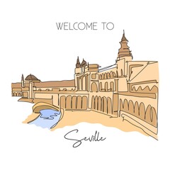One continuous line drawing Plaza de Espana landmark. World iconic place in Sevilla Spain. Holiday vacation home wall decor art poster print concept. Modern single line draw design vector illustration - obrazy, fototapety, plakaty
