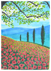 A sketch of a poppy field with cypresses along the edge and blue mountains in the background