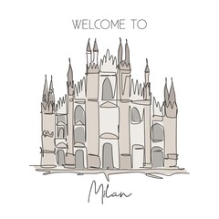 One single line drawing Duomo di Milano landmark. World famous place in Milan, Italy. Tourism travel postcard home wall decor poster concept. Modern continuous line draw design vector illustrationa
