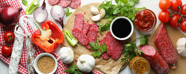Сoncept of tasty food with salami sausage, close up