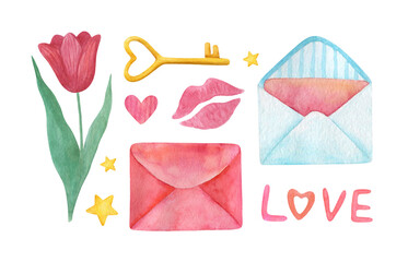 Watercolor romantic collection: red flower, love letters, pink lips imprint, and heart shape key isolated on a white background. Valentine’s Day hand-drawn set