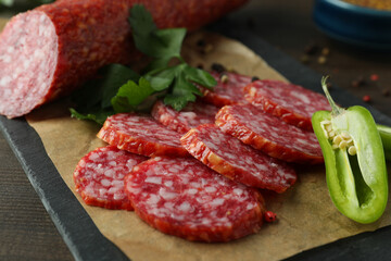 Сoncept of tasty food with salami sausage, close up