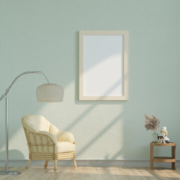 Interior Living Room with wicker armchair frame mockup in pastel living room, 3d render