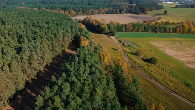 An aerial view of think forest and agricultural landscape in Coburg Bavaria, Germany
