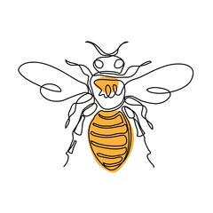 Bee vector drawn sketch, color illustration for honey label design. One continuous line art drawing of the flying bee