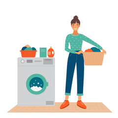Happy woman stands near the washing machine. - 468359016