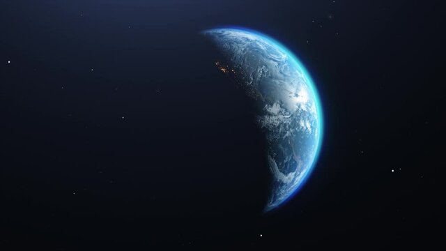 3D Earth from space. The camera flies away from the Earth. Stars twinkle. 