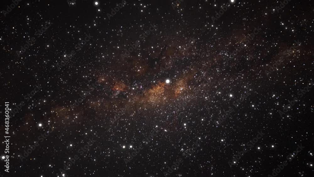 Wall mural camera flying through the clouds and star field in outer space. animation of flying through glowing 