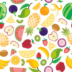 Various colorful and tropical healthy fruits in seamless vector pattern