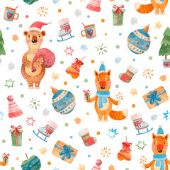 Christmas watercolor seamless raster pattern with bear fox and gifts