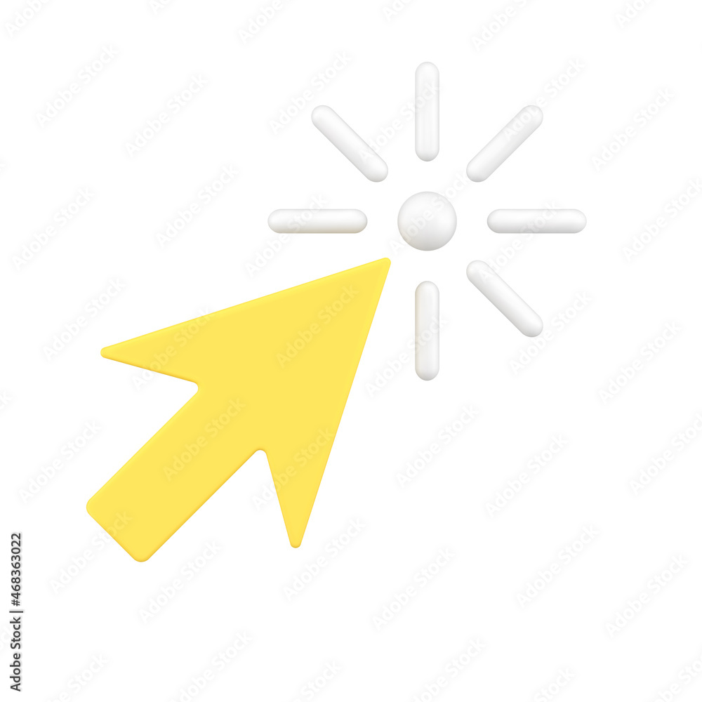 Poster yellow mouse pointer clicking on web site page 3d icon vector badge logotype pointing to link