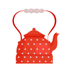 Red retro polka dot teapot. Vector illustration in flat style, isolated on white background