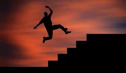 Fototapeta na wymiar Young Happy Man Jumping To The Higher Stairs at sunset. Silhouette of a Joyful Guy jumps Over Stair. Success and Futuristic Businessman Concept. 