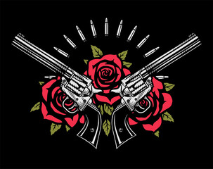 Two crossed pistols and roses on a dark background. Vector illustration.