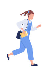 Female student running to school semi flat color vector character. Full body person on white. Frequent tardiness isolated modern cartoon style illustration for graphic design and animation