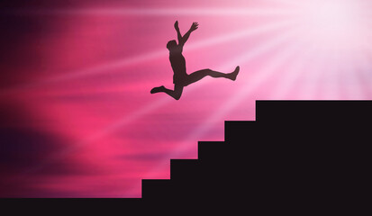 Healthy Guy Doing A Big Jump Over Stairs at Beautiful Sunset. Young man Jumping to the Highest Stair. Growth and Success Concept 