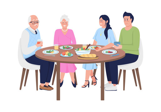 Family members having dinner together semi flat color vector characters. Full body people on white. Family mealtime isolated modern cartoon style illustration for graphic design and animation