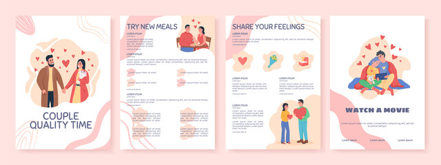 Couple quality time flat vector brochure template. Flyer, booklet, printable leaflet design with flat illustrations. Magazine page, cartoon reports, infographic posters with text space