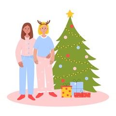 Couple of lesbian girls hug around a decorated Christmas tree and gifts. Concept of LGBTQ Christmas and New Year. Vector illustration in flat style.