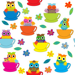 Cute cartoon owls into cups, seamless background