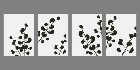 Silhouettes of plants and leaves. Set of abstract black and white minimalistic poster.