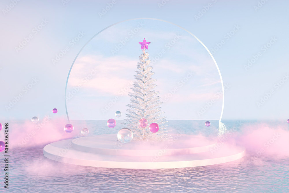 Aufkleber abstract christmas tree with a podium for product display. 3d rendering.