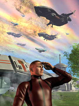 Commander Of The Space Base Greets The Departure Of The Fleet For A War Mission